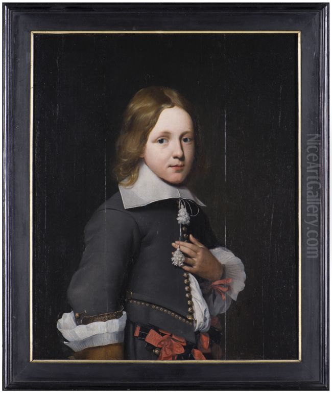 Portrait of an unknown boy in a grey suit Oil Painting by Wybrand de Geest