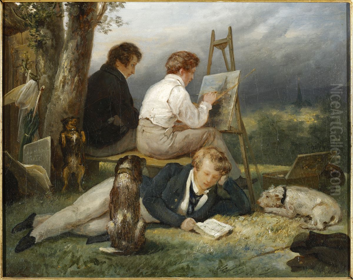 Portrait of the three Scheffer brothers in a landscape Oil Painting by Ary Scheffer