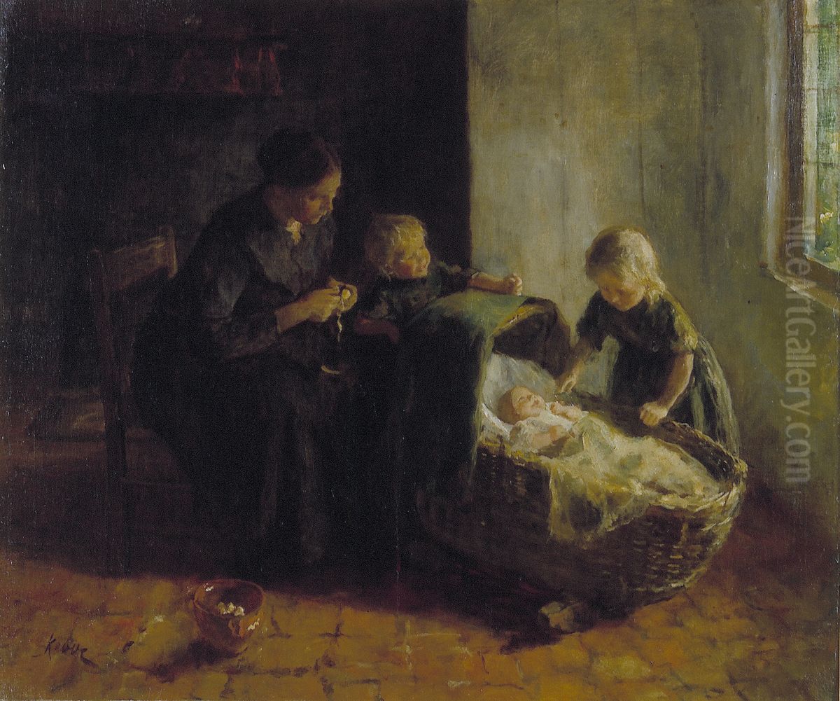 Vrouw met twee kinderen bij een wieg Oil Painting by Jacob Simon Hendrik Kever