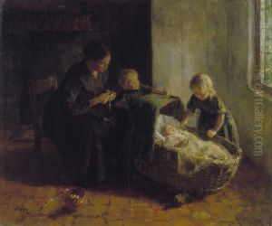 Vrouw met twee kinderen bij een wieg
