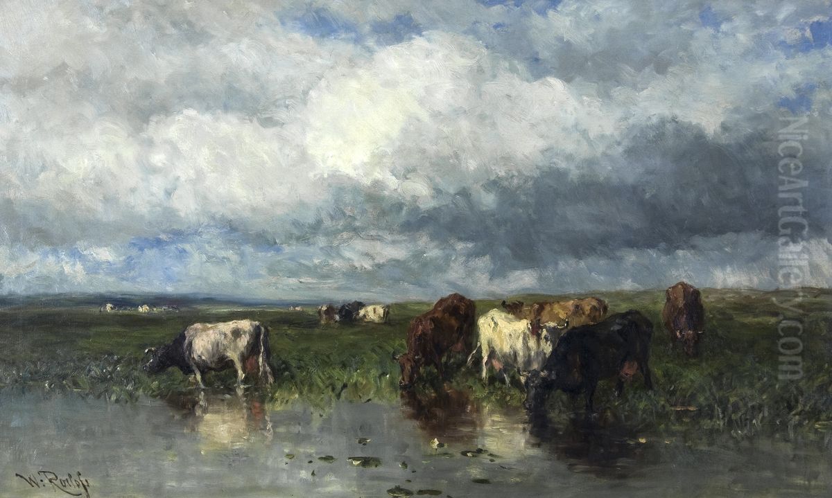 Landschap met koeien aan de waterkant Oil Painting by Willem Roelofs