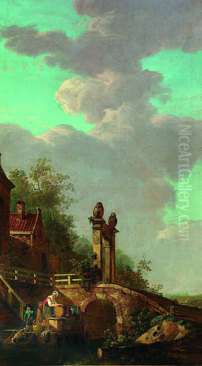 Zomerlandschap met een stenen poort op een brug en twee figuren bij het water Oil Painting by Abraham van Strij