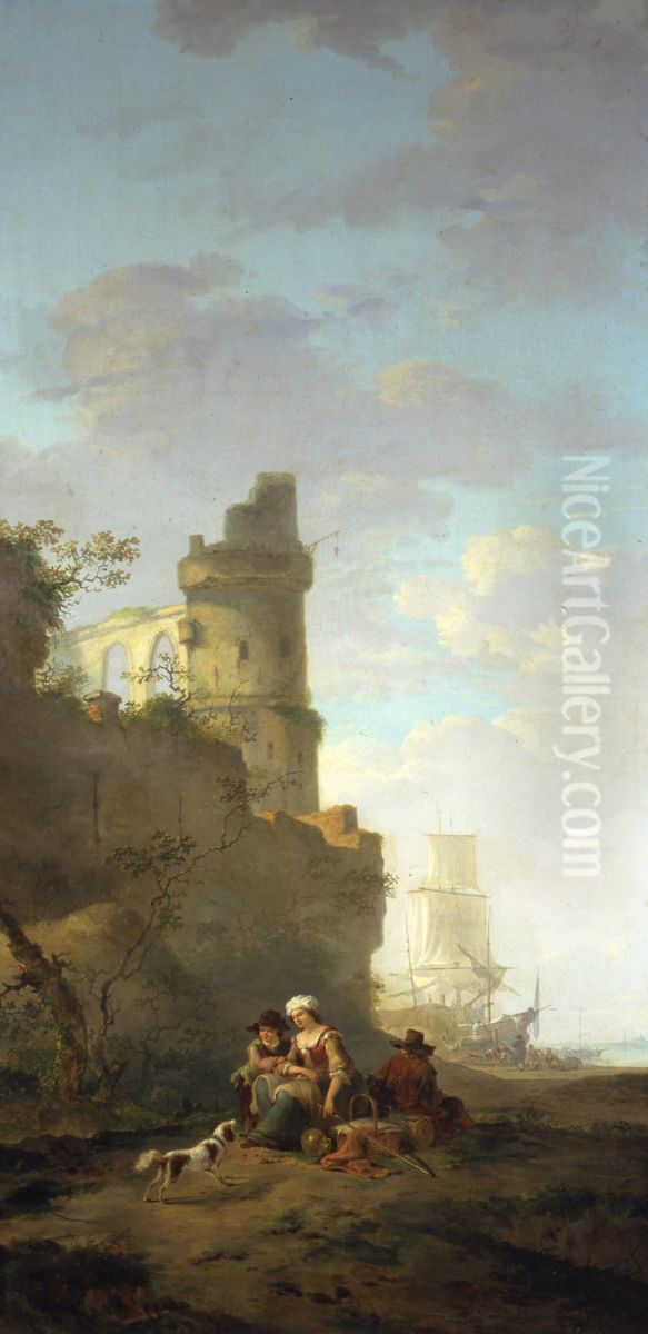 Italianiserend landschap met een ruine en op de achtergrond een driemaster Oil Painting by Jacob van Strij