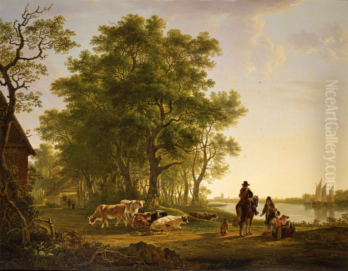 River landscape near Dordrecht, with a horseman and cattle Oil Painting by Jacob van Strij