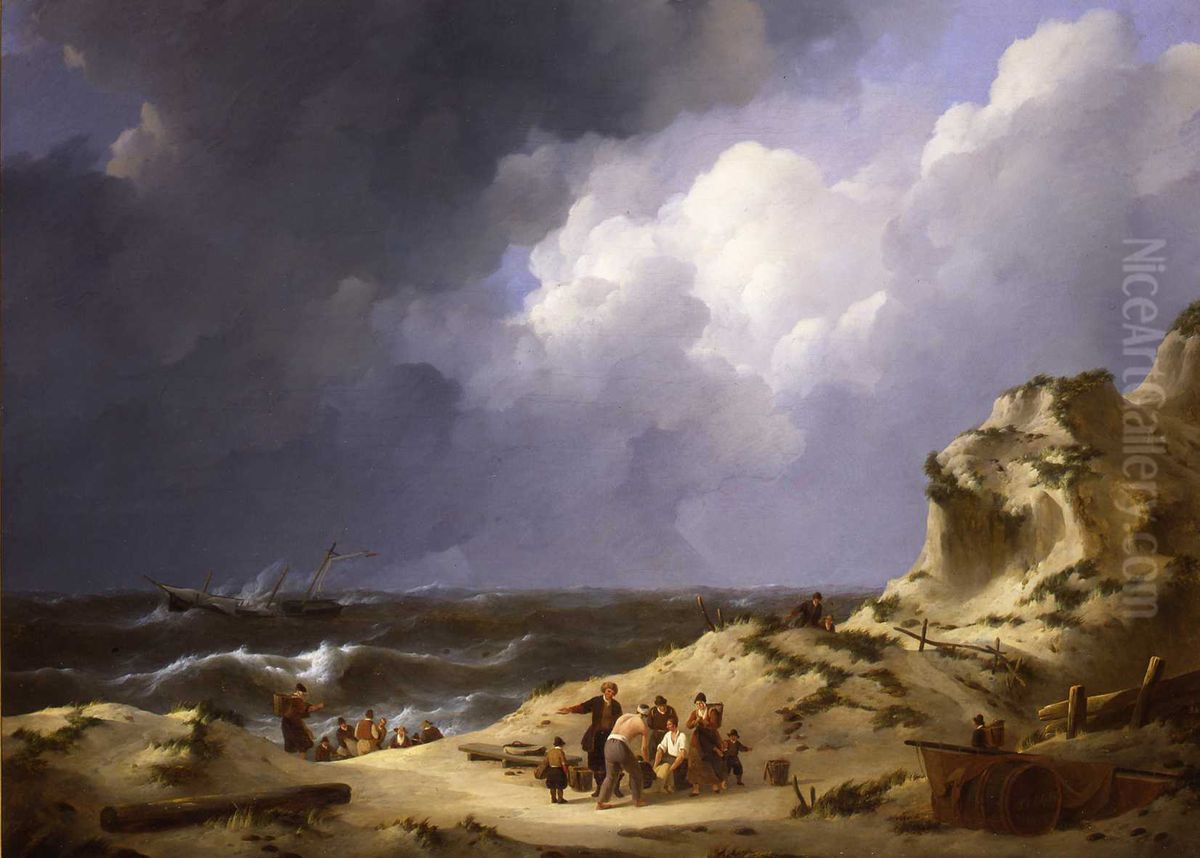 De ondergang van de driemaster 'Delphine' bij Zandvoort in 1822 en het bergen van de slachtoffers Oil Painting by Johannes Christiaan Schotel