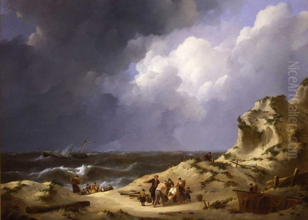 De ondergang van de driemaster 'Delphine' bij Zandvoort in 1822 en het bergen van de slachtoffers Oil Painting by Johannes Christiaan Schotel