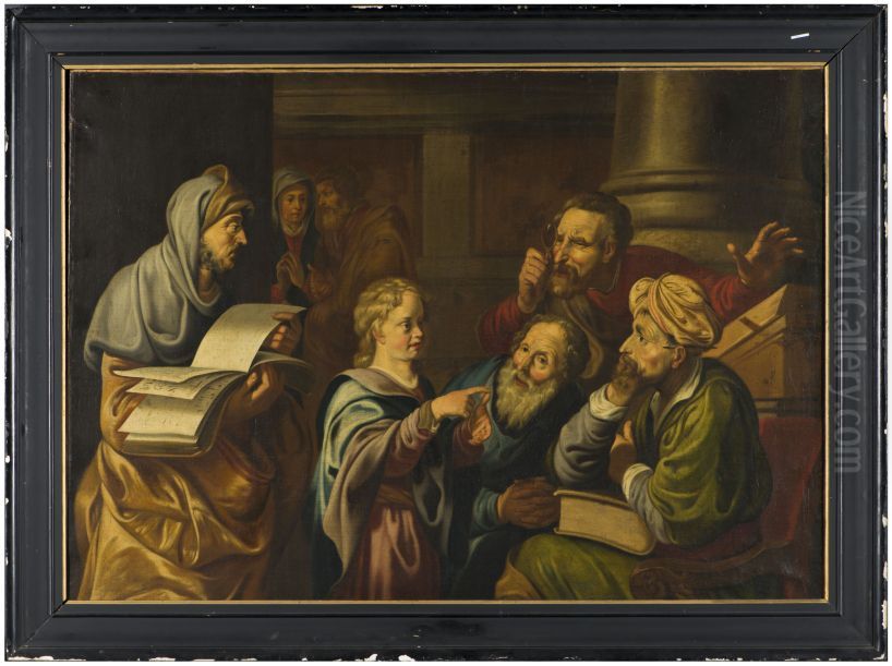 Jezus als kind temidden der schriftgeleerden in de tempel Oil Painting by Lambert Jacobsz