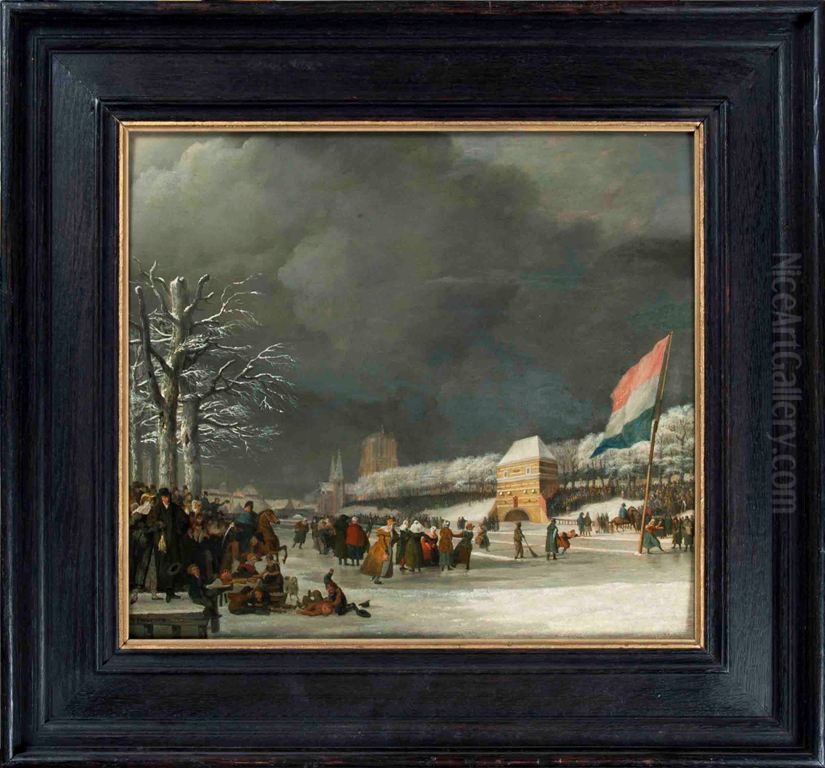 Gezicht op Westersingel te Leeuwarden, in de winter,hardrijderij v. vrouwen Oil Painting by Nicolaas Baur