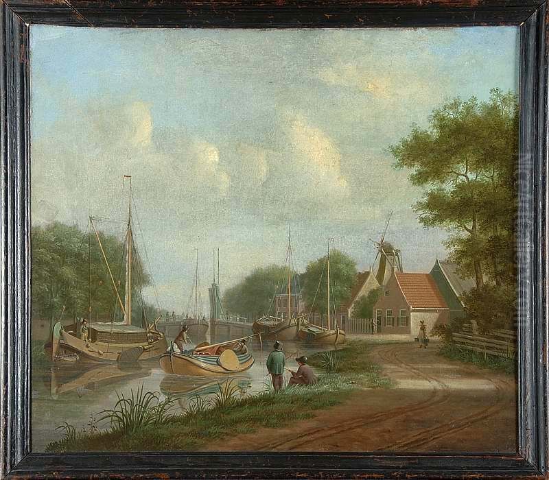 View of a canal with drawbridge Oil Painting by Dirk Piebes Sjollema