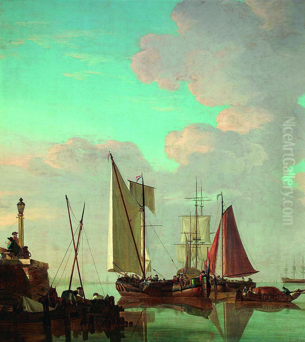 Havengezicht met schepen in kalm water bij een kade Oil Painting by Jacob van Strij
