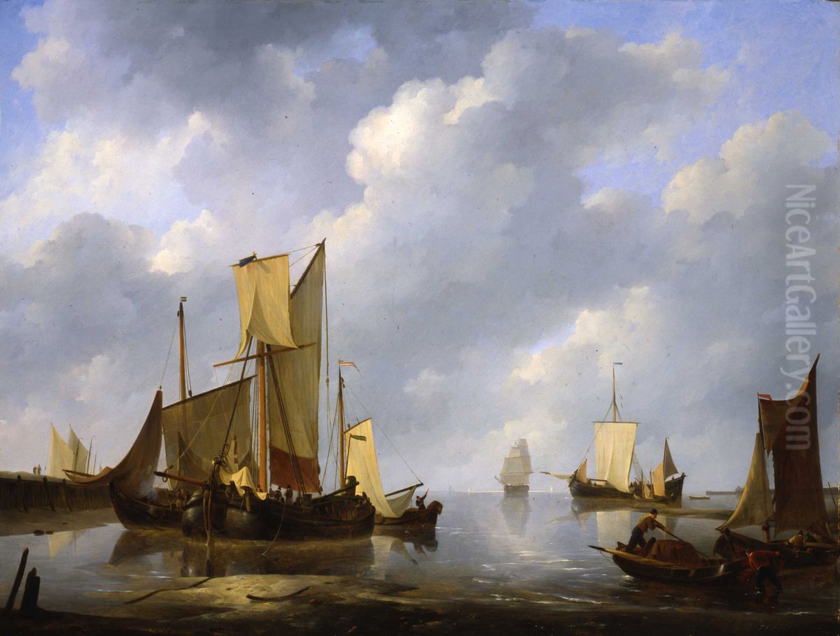 Voor anker liggende schepen bij kalm water Oil Painting by Johannes Christiaan Schotel