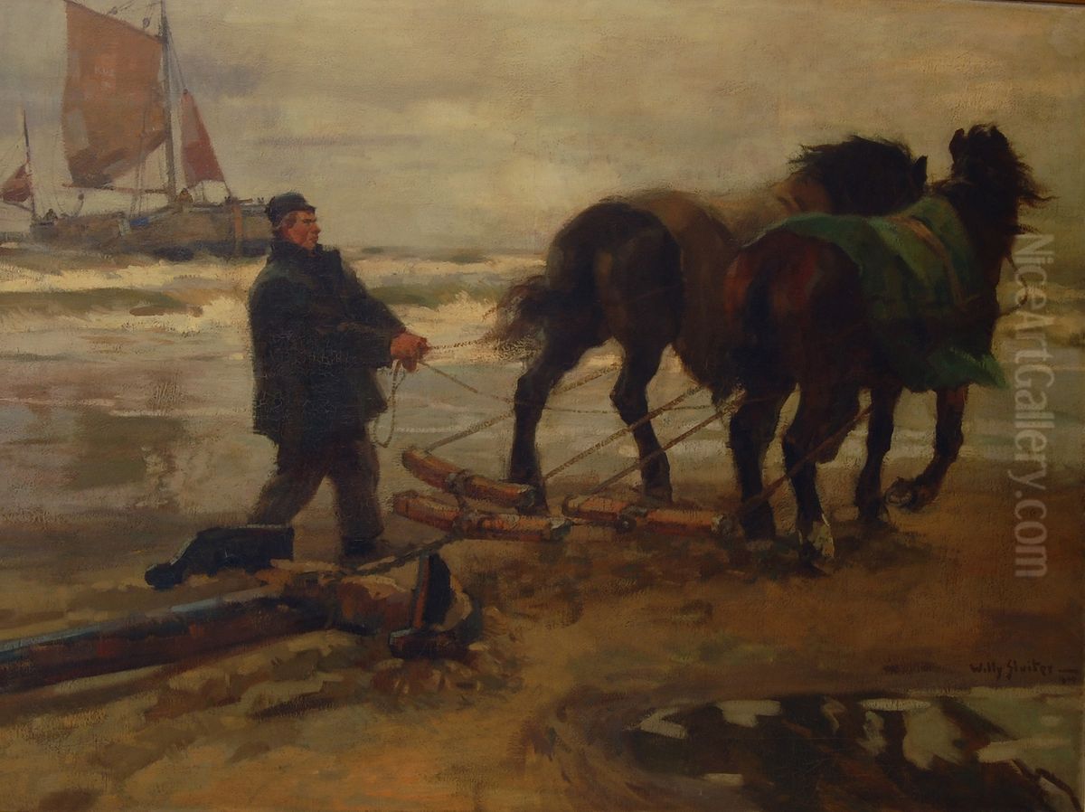 Werkpaarden op het strand te Katwijk Oil Painting by Jan Willem Sluiter
