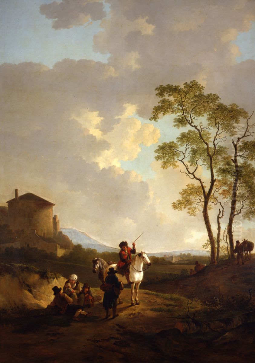 Italianiserend landschap met ruiter en enkele rustende reizigers en links op de achtergrond een gebouw Oil Painting by Jacob van Strij