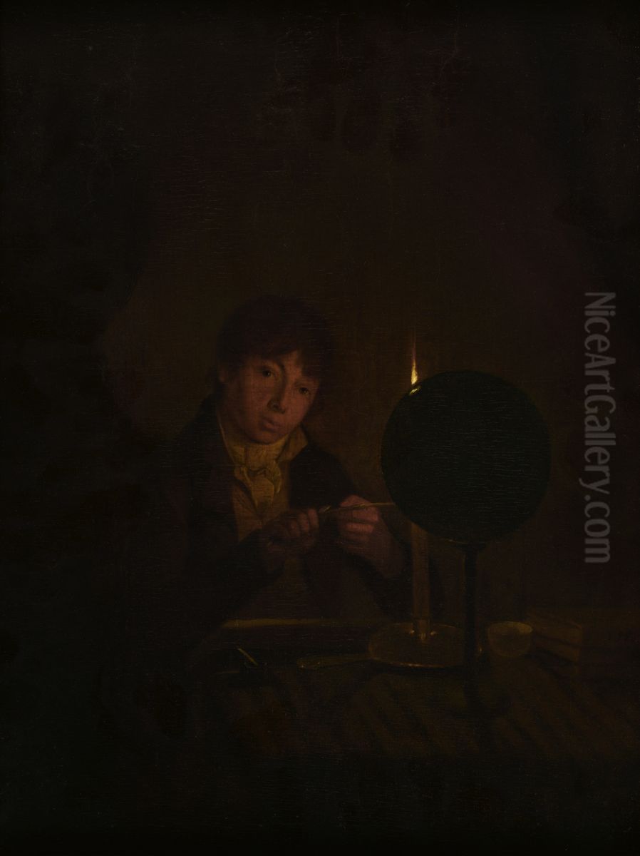 Interieur met figuur bij kaarslicht Oil Painting by Johann Baptist Scheffer