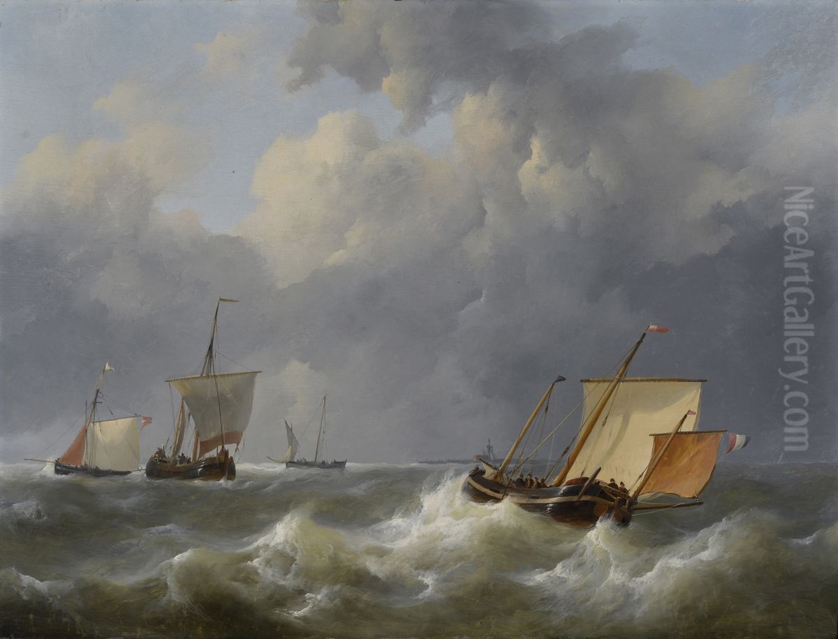 Seascape with sailing ships Oil Painting by Johannes Christiaan Schotel
