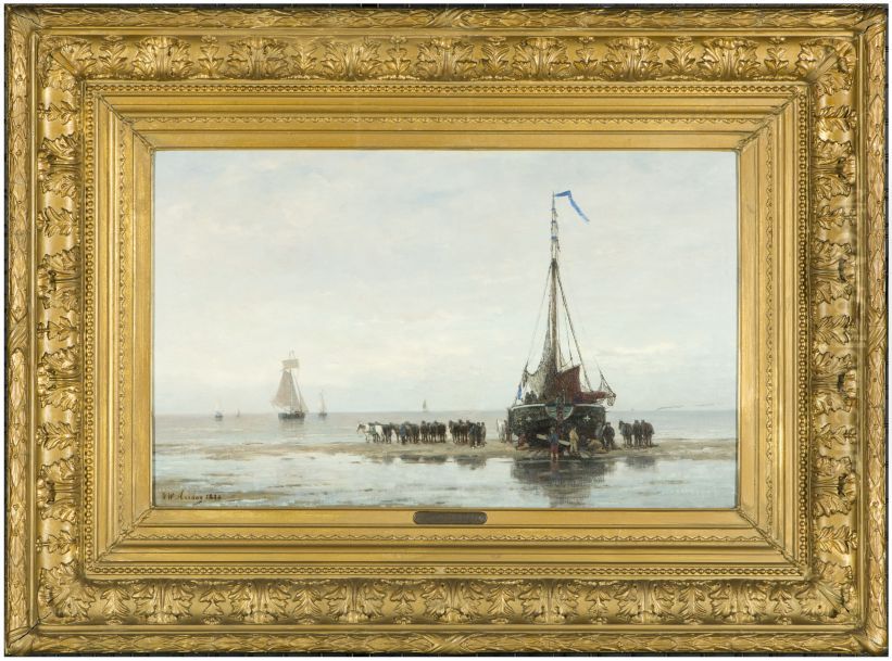 Zeegezicht met drooggevallen vissersboot Oil Painting by Hendrik Willem Mesdag