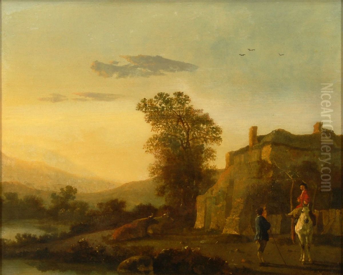 Landschap met ruiter in gesprek met man Oil Painting by Abraham Van Calraet