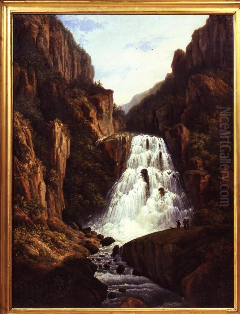 Berglandschap met waterval en enkele toeschouwers Oil Painting by Eelke Jelles Eelkema