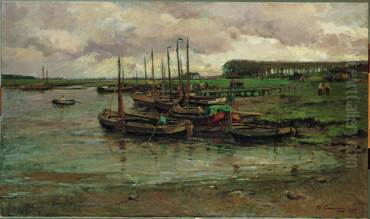 Peeschuiten bij Werkendam Oil Painting by Herman Gunneweg