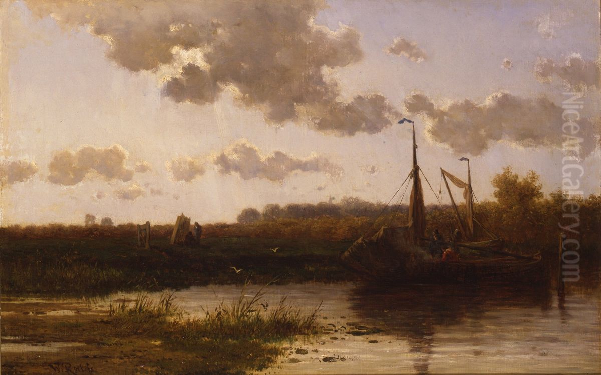 Polderlandschap met aangemeerde zeilboot Oil Painting by Willem Roelofs