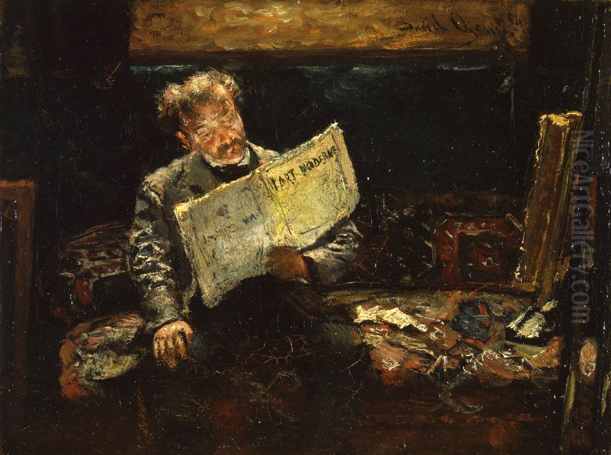 Kunstenaar in zijn atelier leest 'l 'Art Moderne' Oil Painting by David Oyens