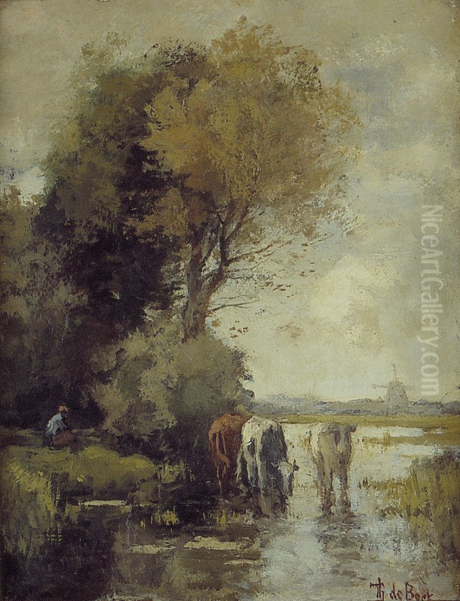 Landschap met koeien wadend in water Oil Painting by Theophile Emile Achille De Bock