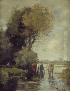 Landschap met koeien wadend in water
