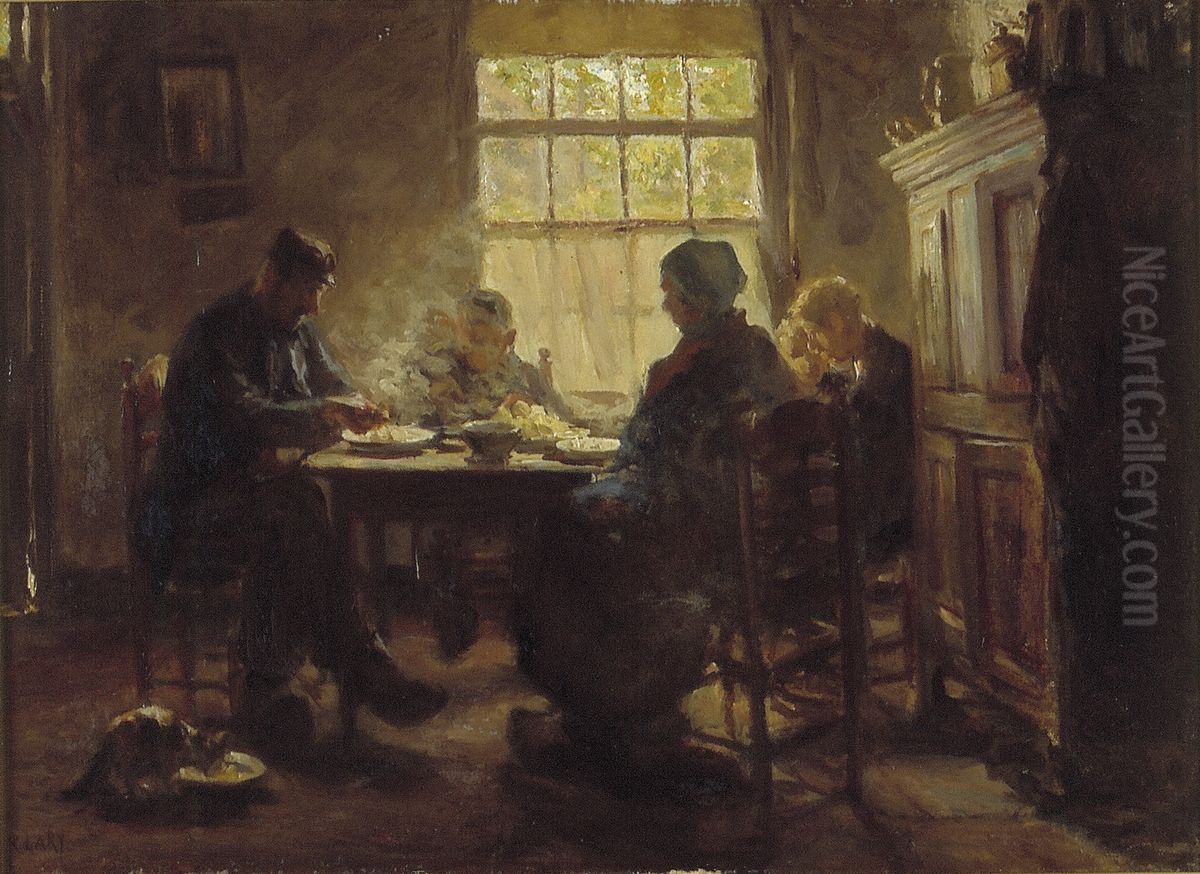 Een gezin aan de maaltijd Oil Painting by Roland Larij