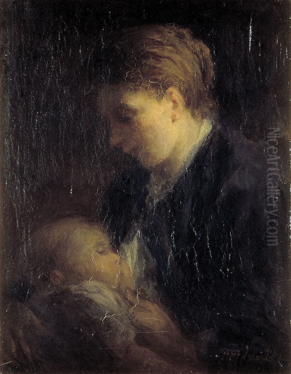 Vrouw geeft een kind de borst Oil Painting by Jozef Israels