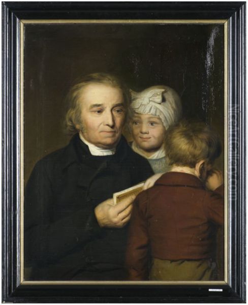 Groepsportret van oude man, jong meisje en jongen Oil Painting by Tjeert Eernstman