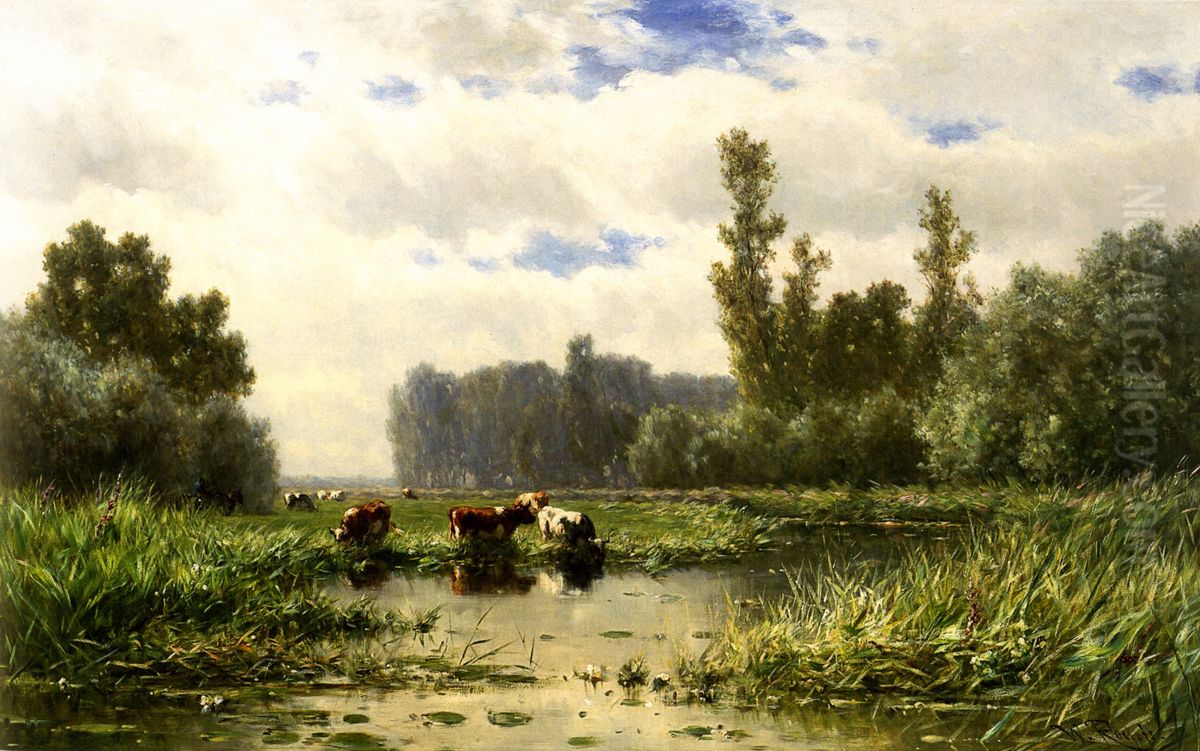 Koeien aan de waterkant bij het Gein Oil Painting by Willem Roelofs