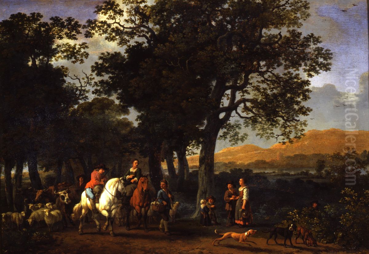 Wooded landscape with horsemen, peasants and cattle on a road Oil Painting by Abraham Van Calraet Wooded landscape with horsemen, peasants and cattle on a road Oil Painting by Abraham Van Calraet