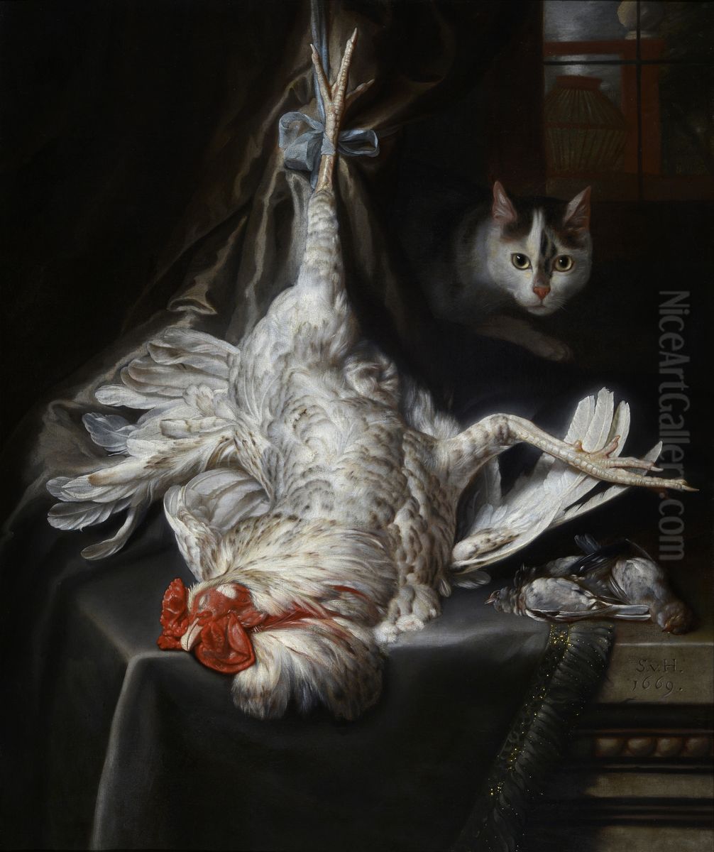 Bird still-life with cat Oil Painting by Samuel Van Hoogstraten