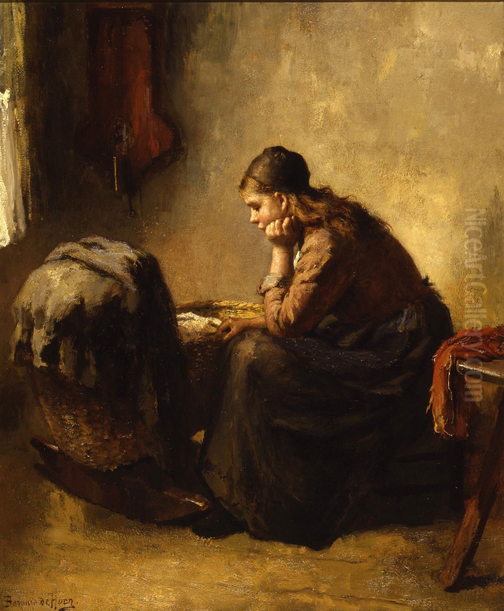 Jonge vrouw zittend naast een wieg Oil Painting by Bernard Johann De Hoog