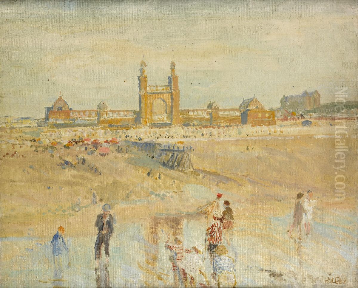 La plage de Dieppe face au Casino Oil Painting by Jacques-Emile Blanche