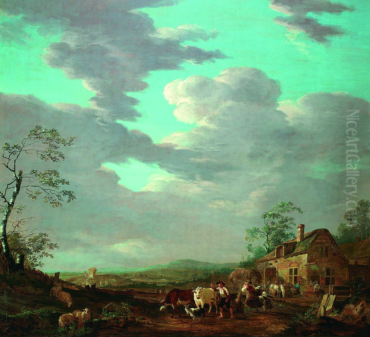 Landschap met figuren en vee bij een herberg Oil Painting by Jacob van Strij