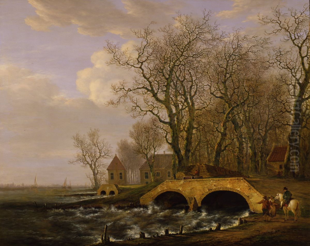 Het lozen van het water uit de op 30 januari 1809 overstroomde Alblasserwaard door de sluizen van Elshout Oil Painting by Jacob van Strij