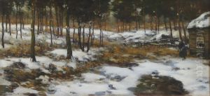 Besneeuwd bos met boerenwoning