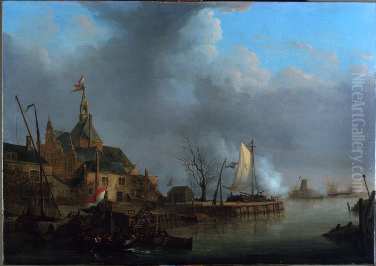 De beschieting van Dordrecht door de Fransen op 24 november 1813 Oil Painting by Martinus Schouman