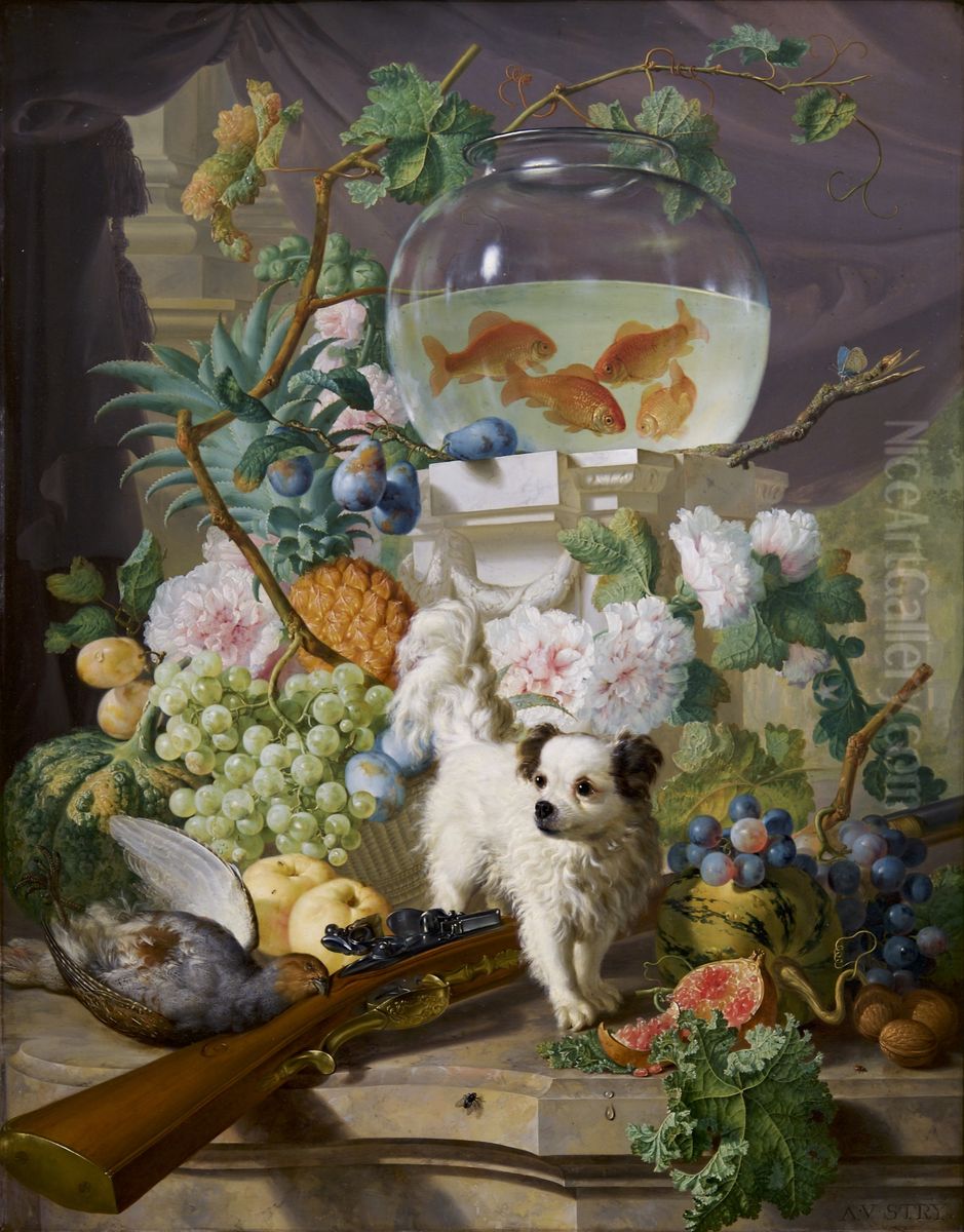 Stilleven van bloemen en vruchten met een hond Oil Painting by Abraham van Strij