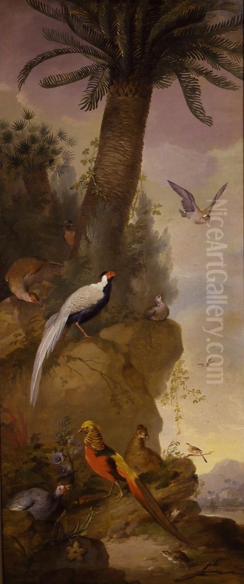 Pheasants and Other Birds in an Exotic Landscape Oil Painting by Aert Schouman