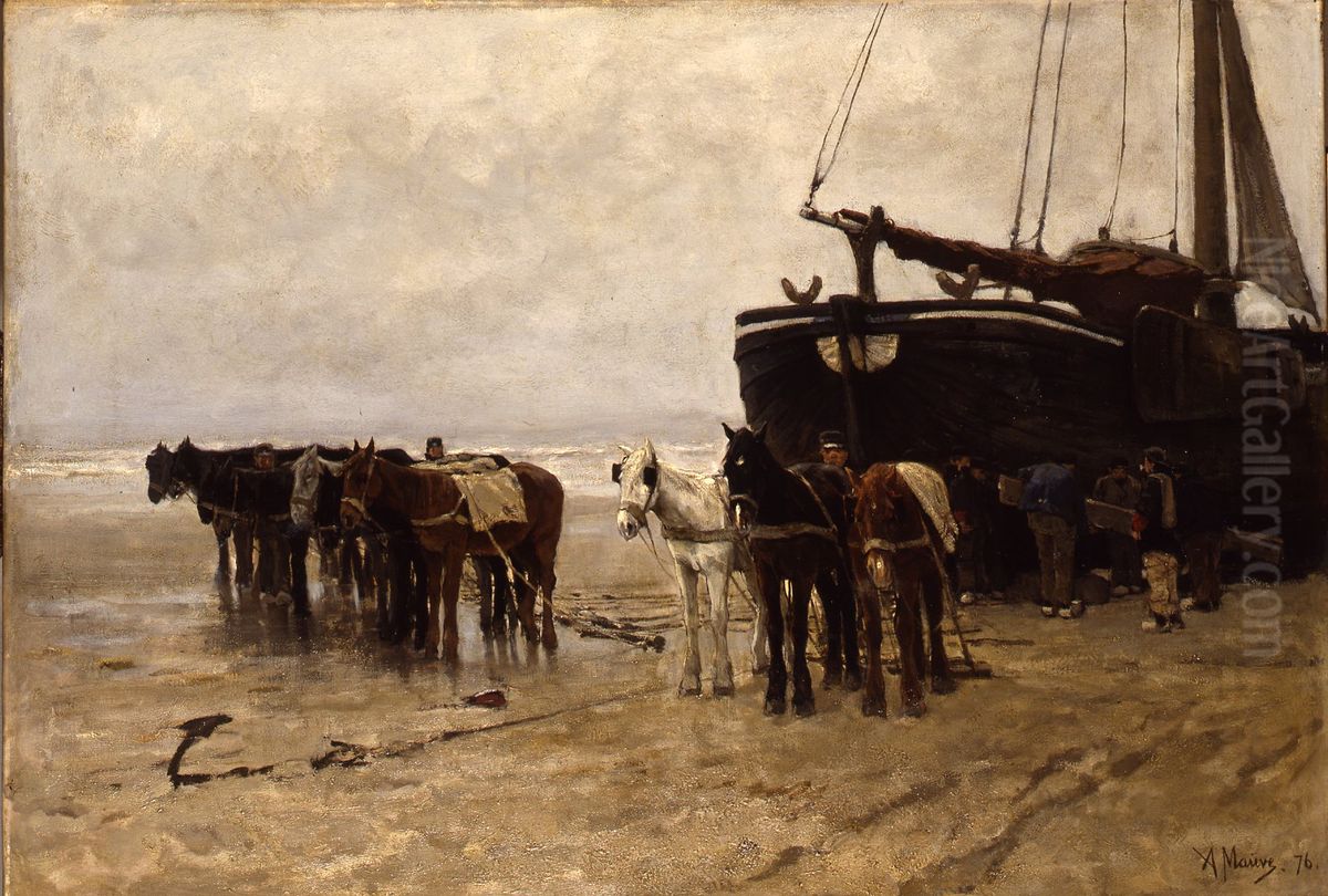 Fishing Boat with Tow Horses on Scheveningen Beach Oil Painting by Anton Mauve