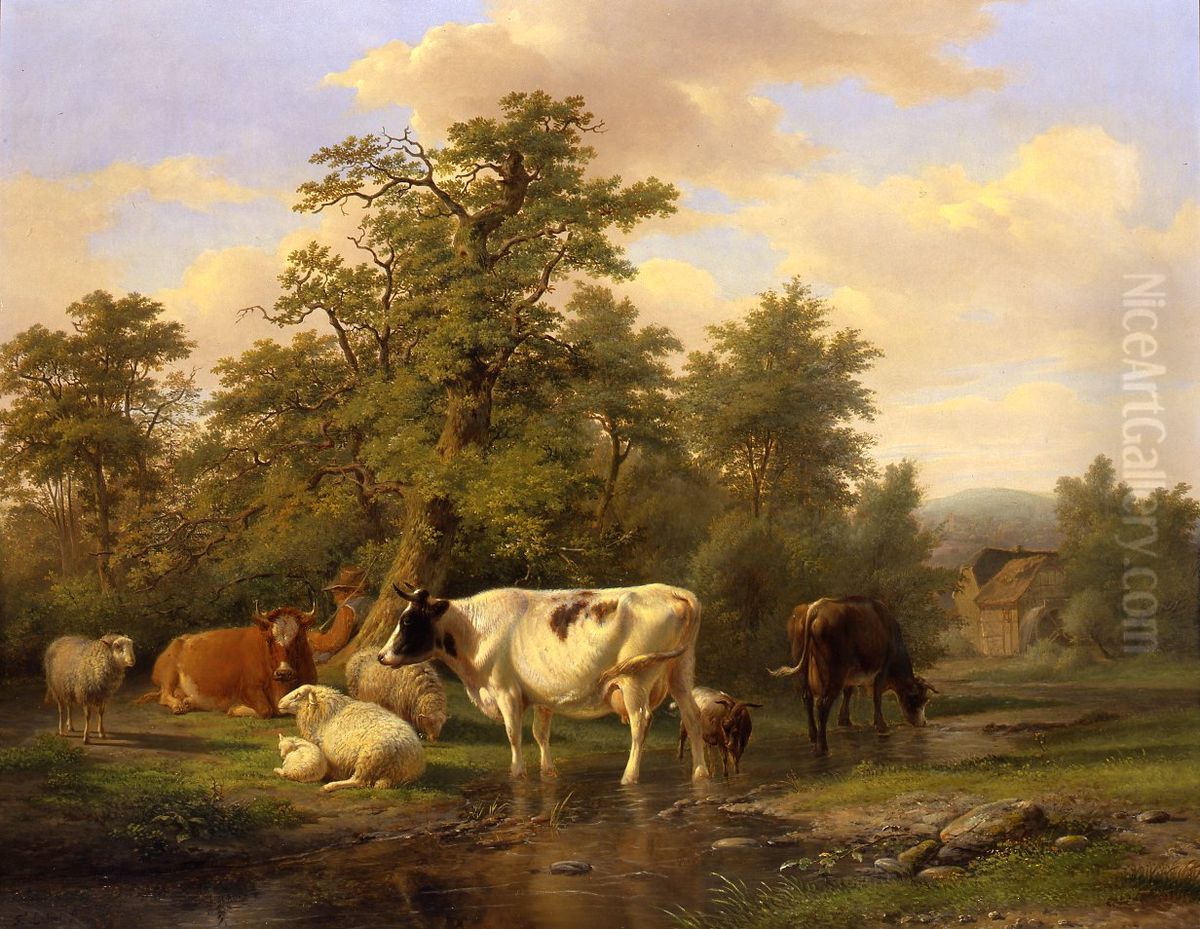 Boomrijk landschap met vee Oil Painting by Frans Lebret