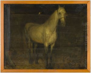 Standing white horse in stable