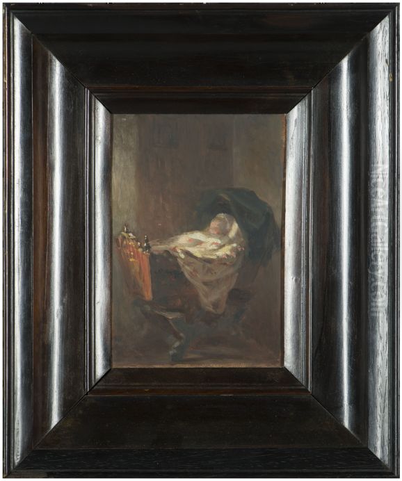 Hindelooper wieg met baby Oil Painting by Kate Bisschop-Swift