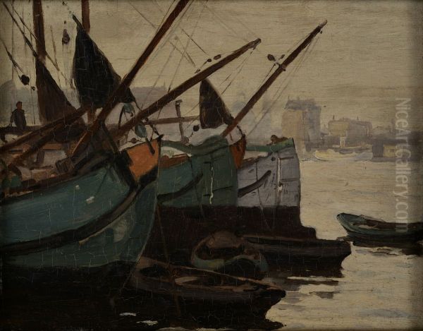 Drie turfschepen op het IJ Oil Painting by Willem Witsen