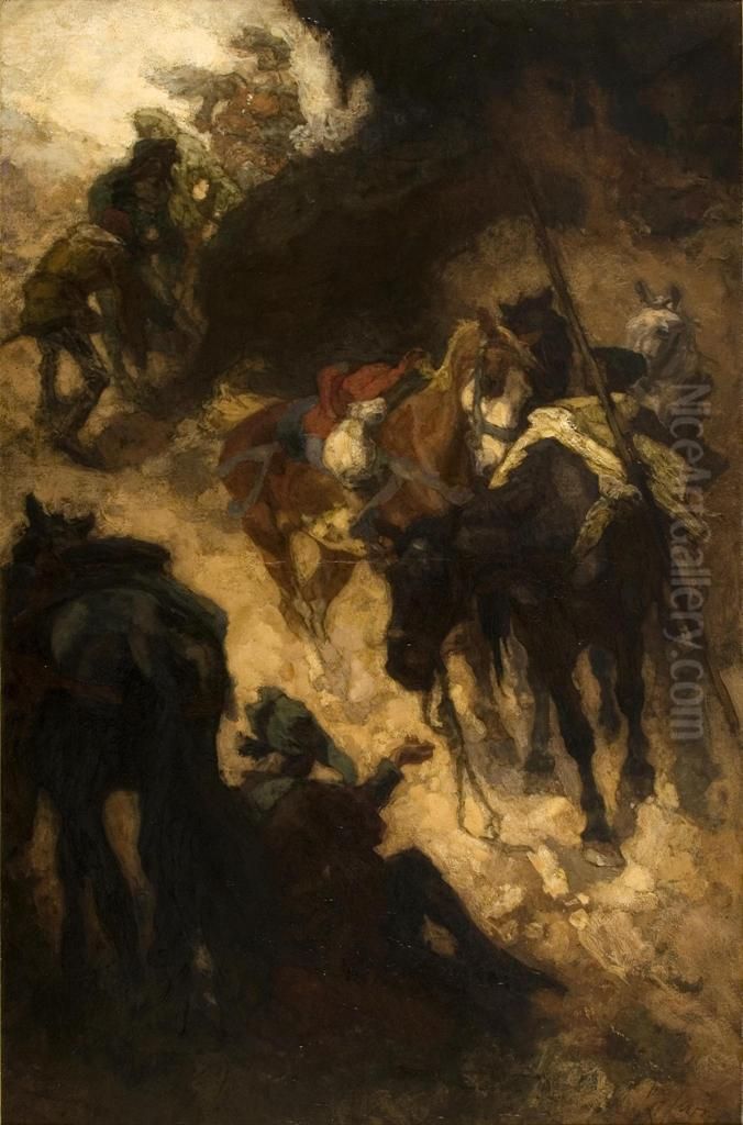 Drinkende paarden Oil Painting by Johannes Hendricus Jurres