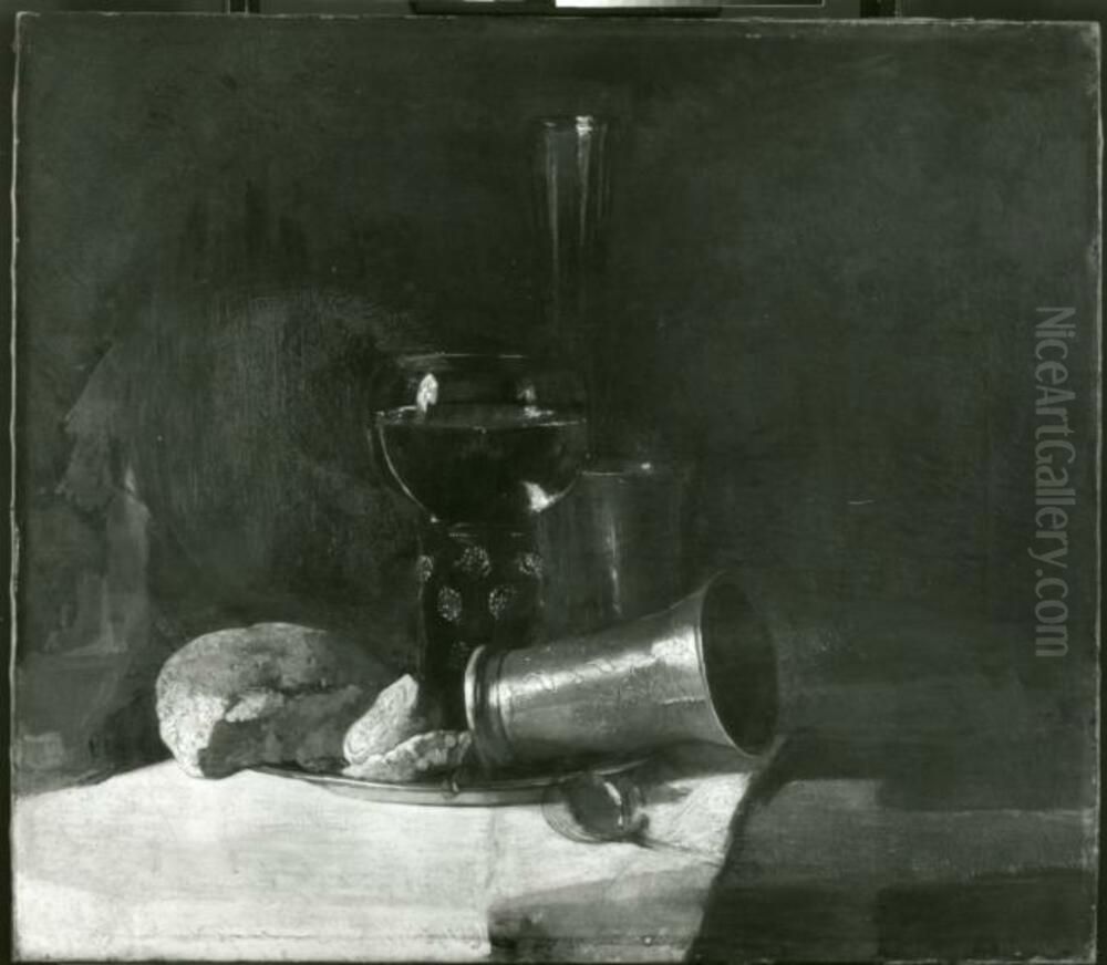 Still life with bread, a lemon, cups and a roemer on a pewter Oil Painting by Christoffel Bisschop
