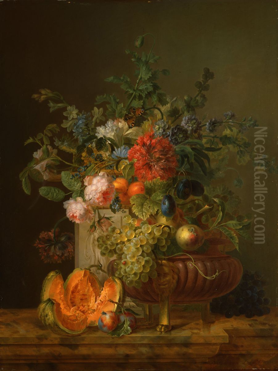 Bloemstilleven met vruchten op een marmeren rand Oil Painting by Willem van Leen