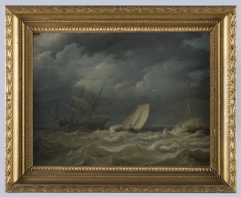 Stormachtige zee met schepen bij een haveningang Oil Painting by Nicolaas Baur